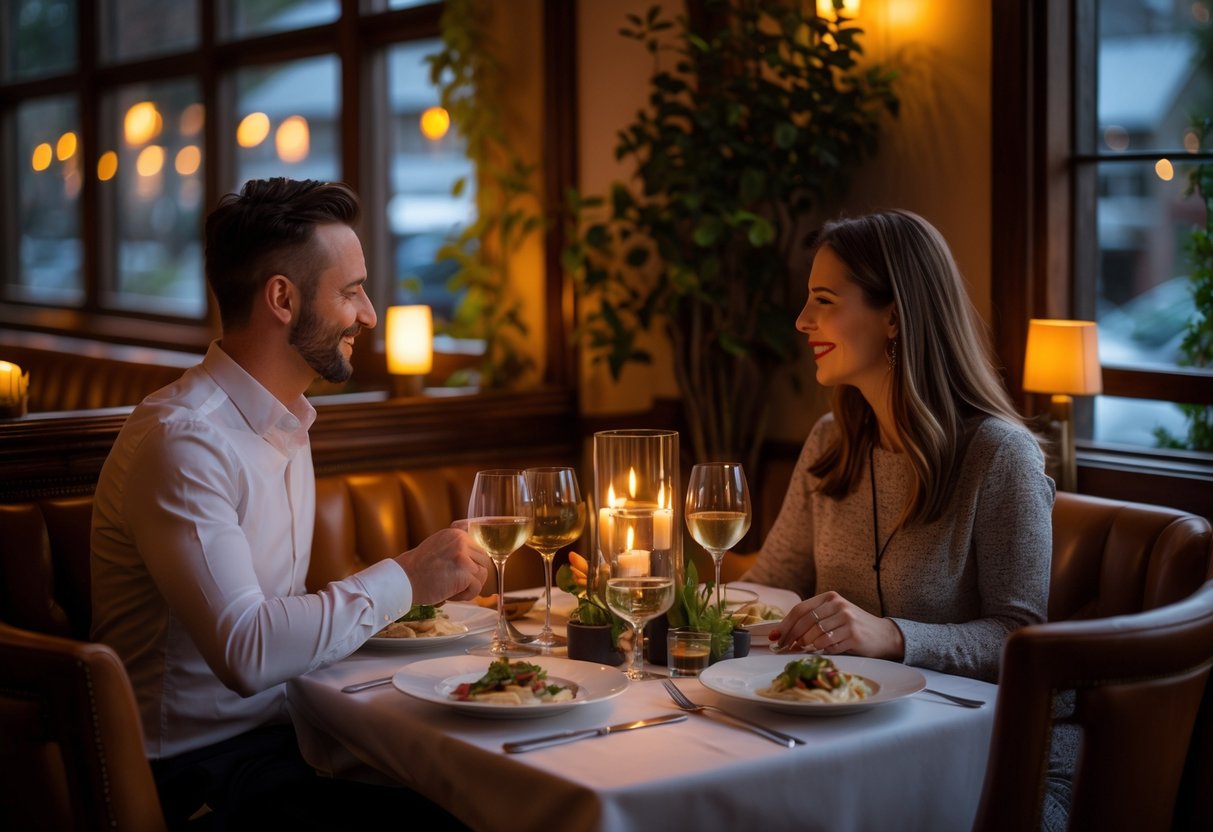 A couple enjoying a romantic dinner at a cozy restaurant table with candlelight and elegant decor.