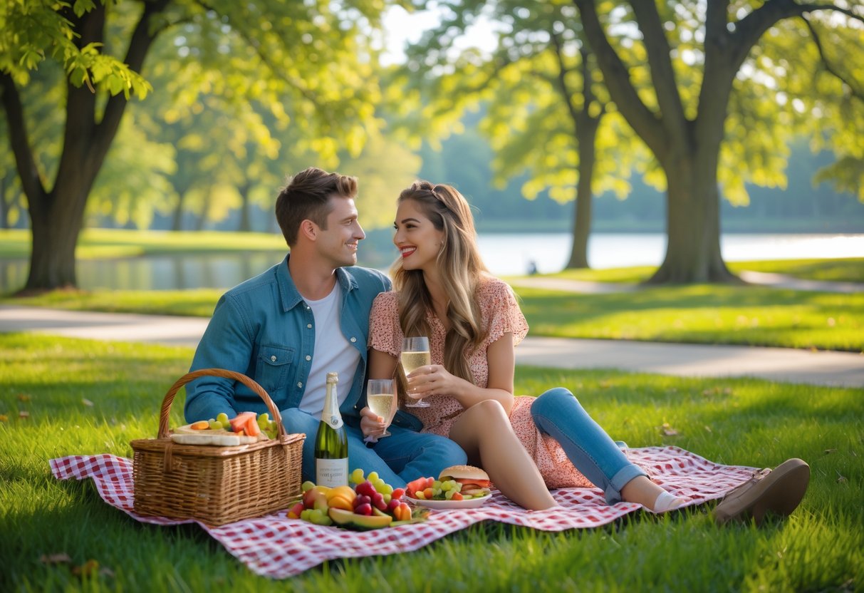 A young couple having a picnic on a blanket in a green park with trees and a lake in the background.