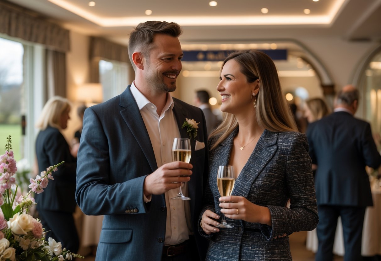 A couple dressed formally attending a charity event, smiling and holding drinks in an elegant venue with other guests socializing in the background.