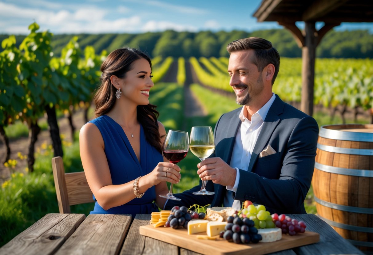 A couple enjoying wine tasting at a vineyard with a wooden table, wine glasses, and a charcuterie board outdoors.