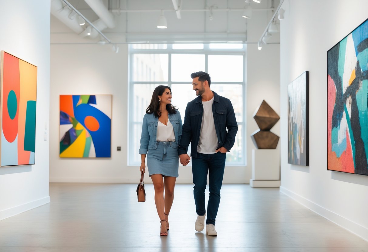 A young couple walking hand in hand inside a contemporary art gallery, surrounded by colorful abstract paintings and sculptures.