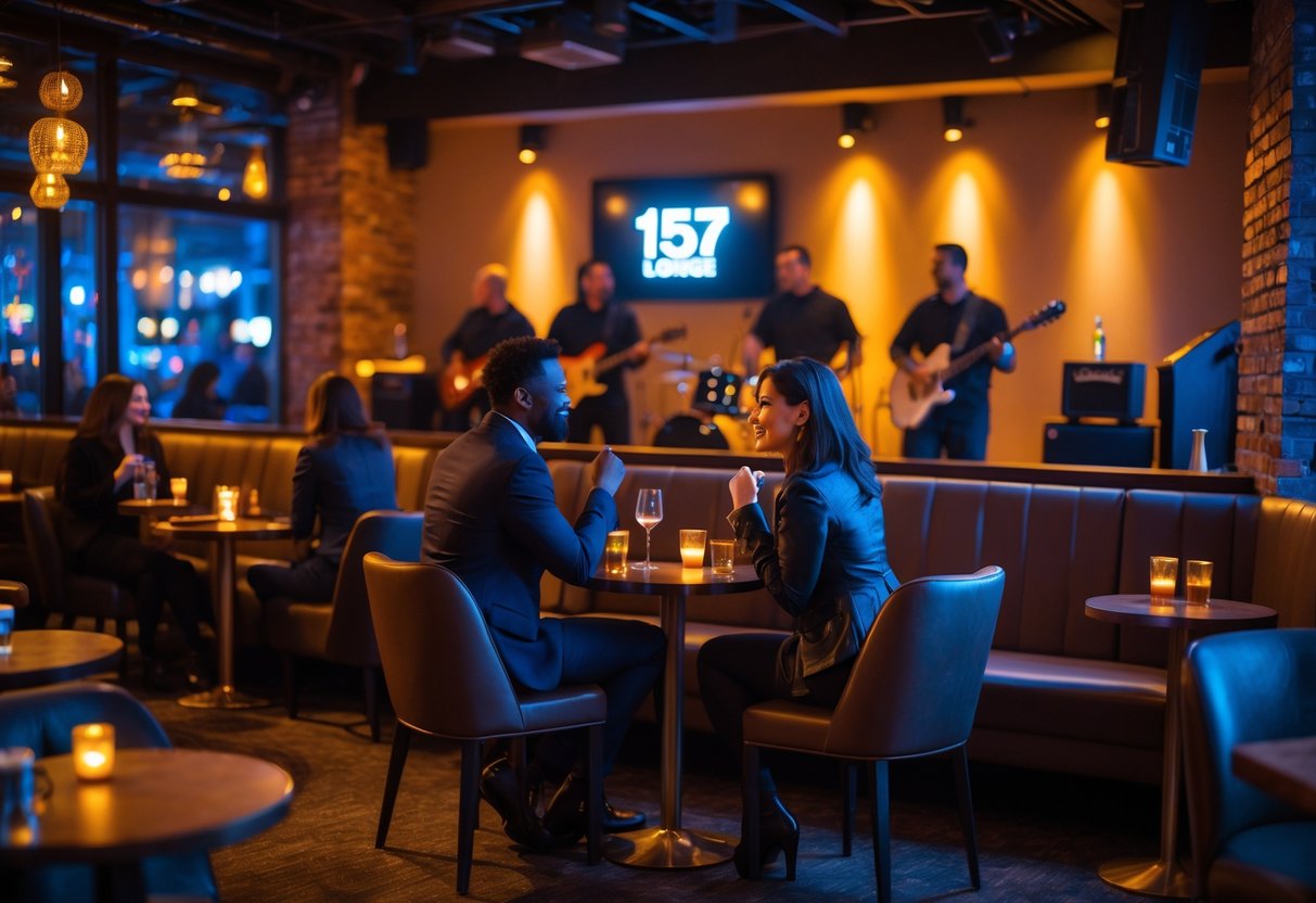 A couple enjoying live music at a cozy lounge with a band playing on stage and people seated around tables.