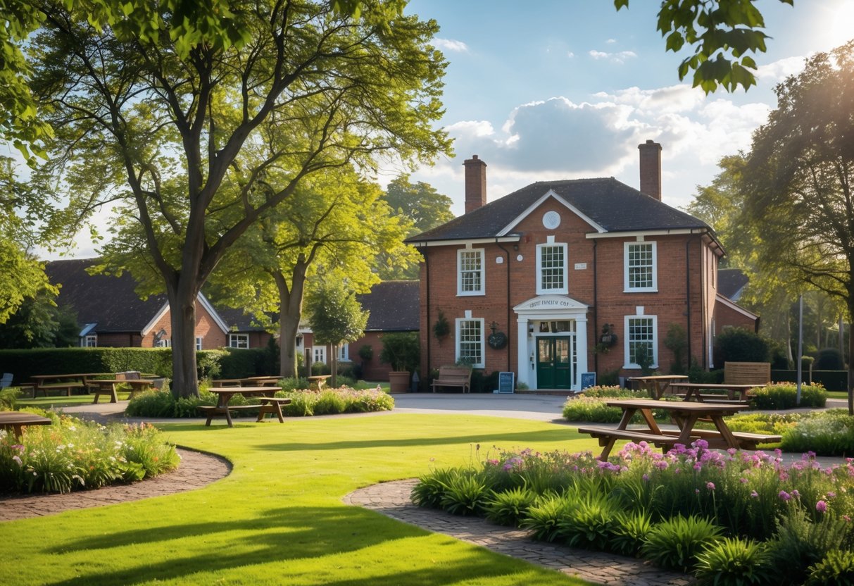A peaceful outdoor area with benches, trees, flowers, and a brick village hall building in the background under a partly cloudy sky.