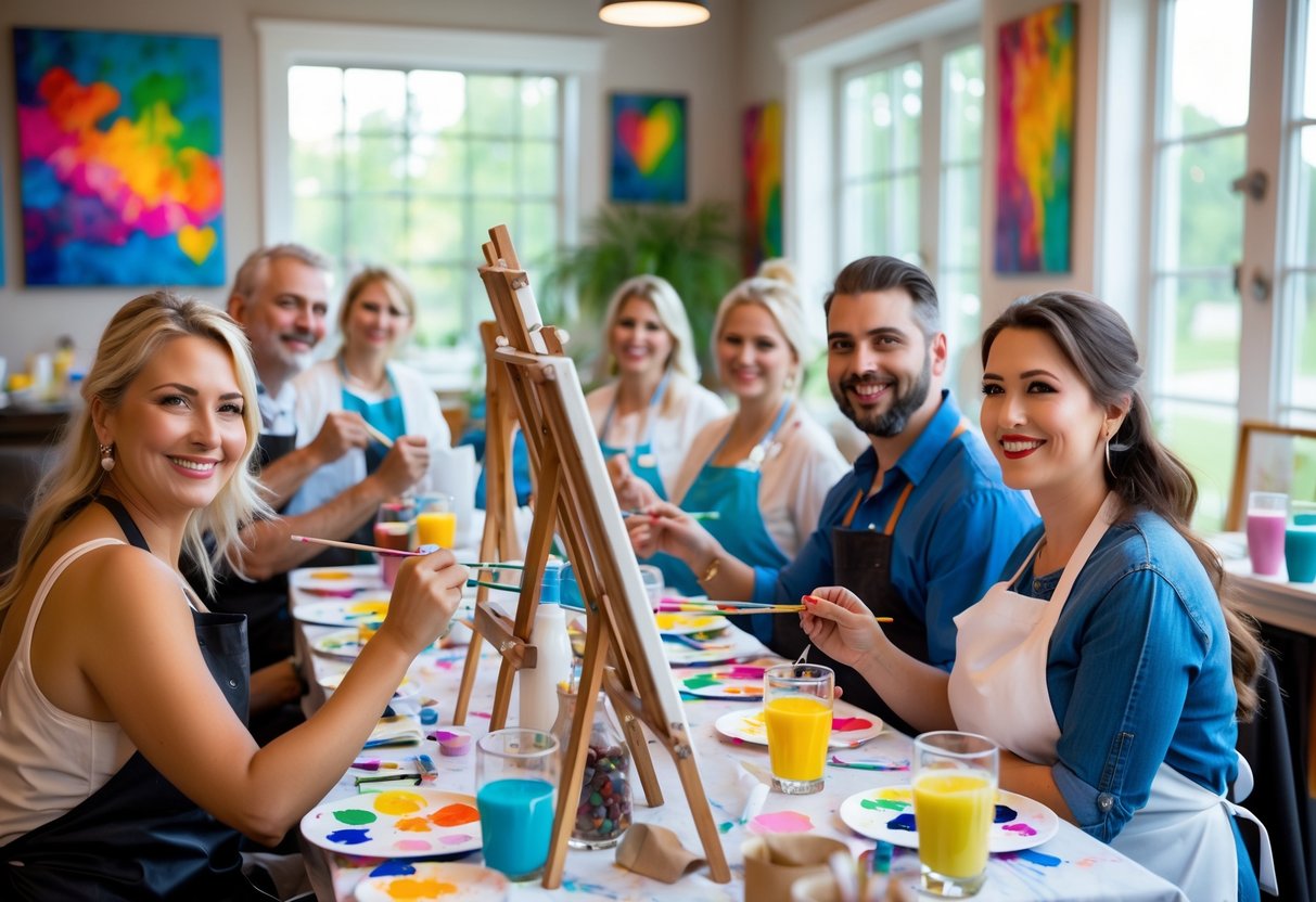 A group of adults painting together in a bright room, enjoying a creative activity around tables with art supplies.