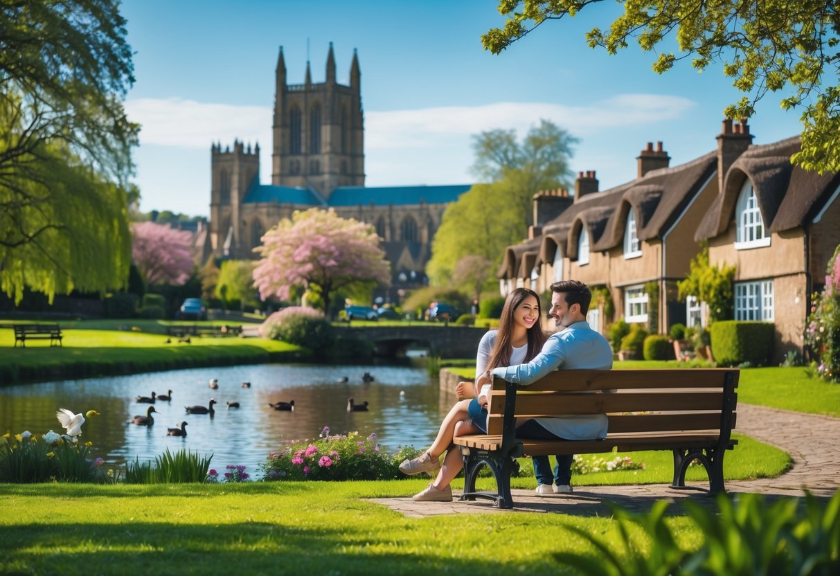 A young couple sitting on a bench by a pond in a park with Hereford Cathedral visible in the background on a sunny day.