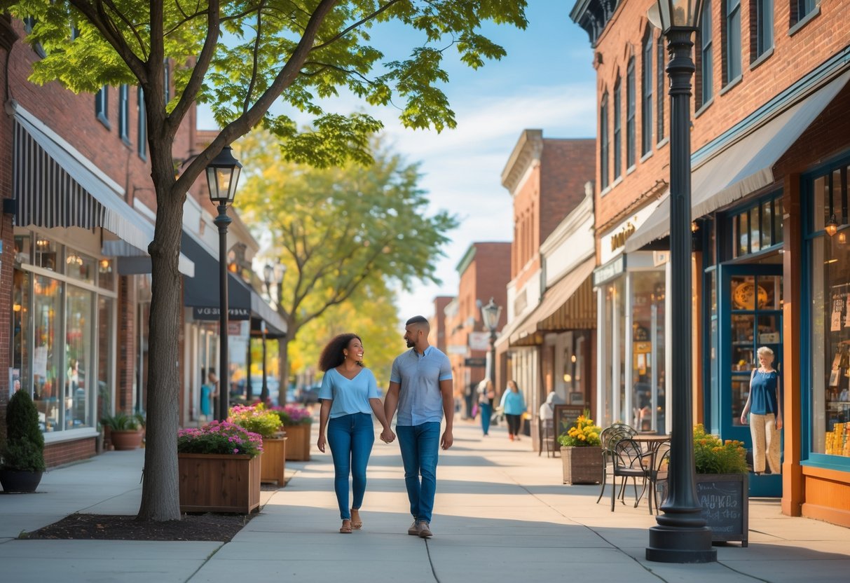 A young couple walking hand in hand along a tree-lined downtown street with shops and outdoor seating on a sunny day.