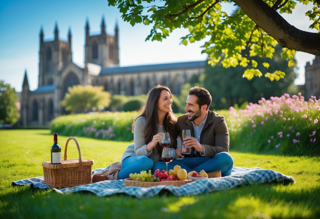 A couple enjoying a picnic on green grass with Hereford Cathedral in the background on a sunny day.