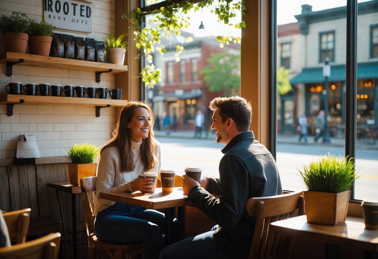 A young couple enjoying coffee together at a cozy café table near a window with sunlight, surrounded by plants and warm décor.