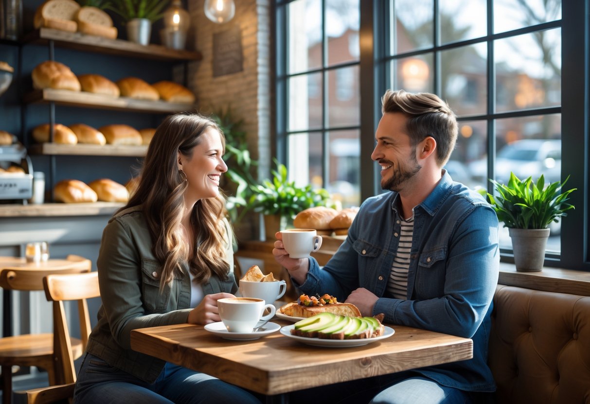 A couple enjoying brunch together at a cozy cafe table with coffee and pastries in a bright, inviting cafe.