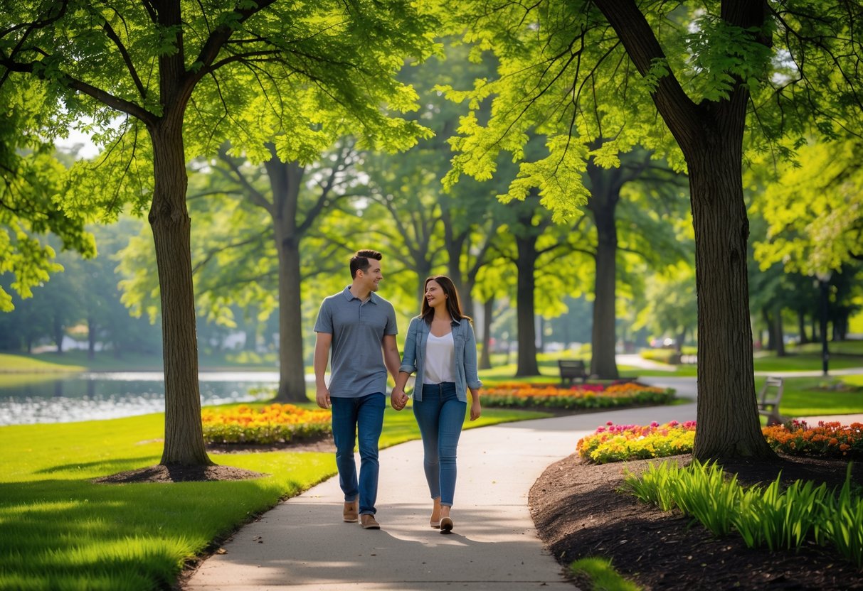 A young couple walking hand-in-hand along a tree-lined path in a green park with flowers and a pond in the background.