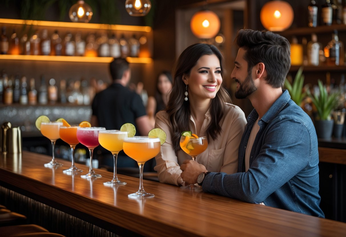 A couple enjoying craft cocktails at a cozy bar with warm lighting and a wooden counter.