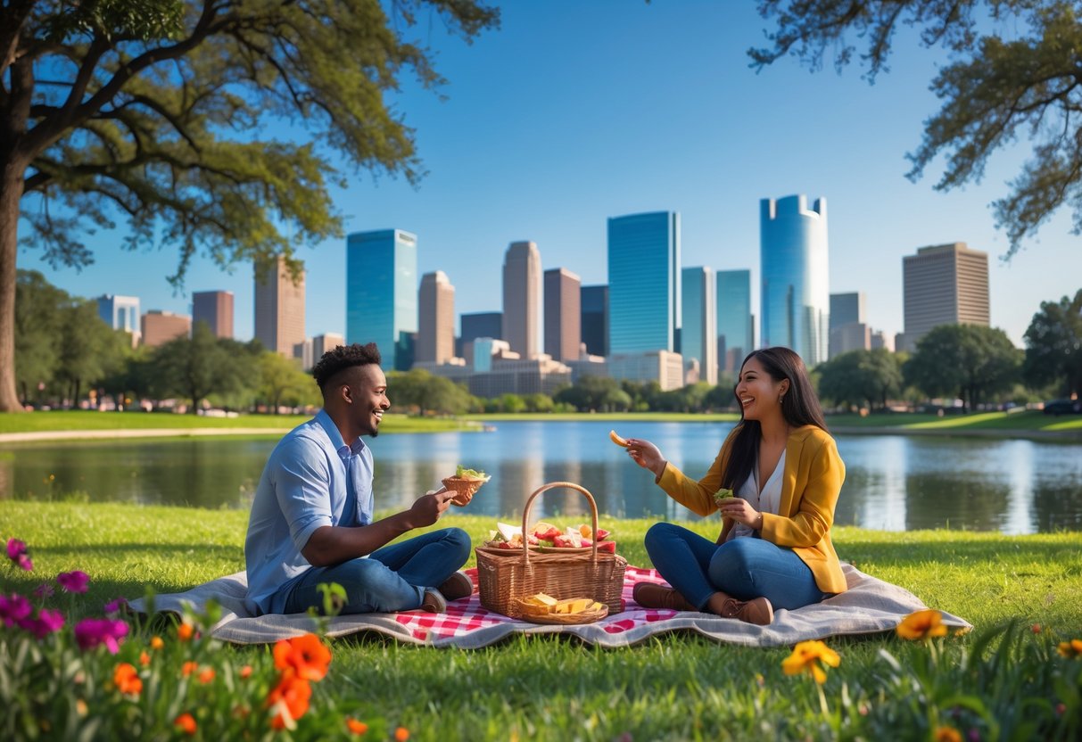 A young couple having a picnic in a green park with the Houston skyline in the background on a sunny day.
