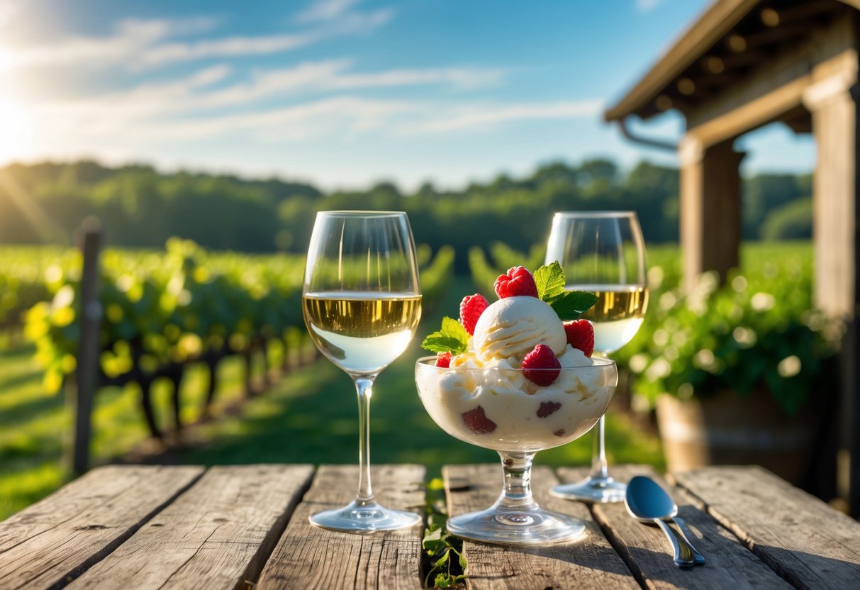A table outdoors at a vineyard with two glasses of wine and a bowl of ice cream with berries, surrounded by green vines under a blue sky.