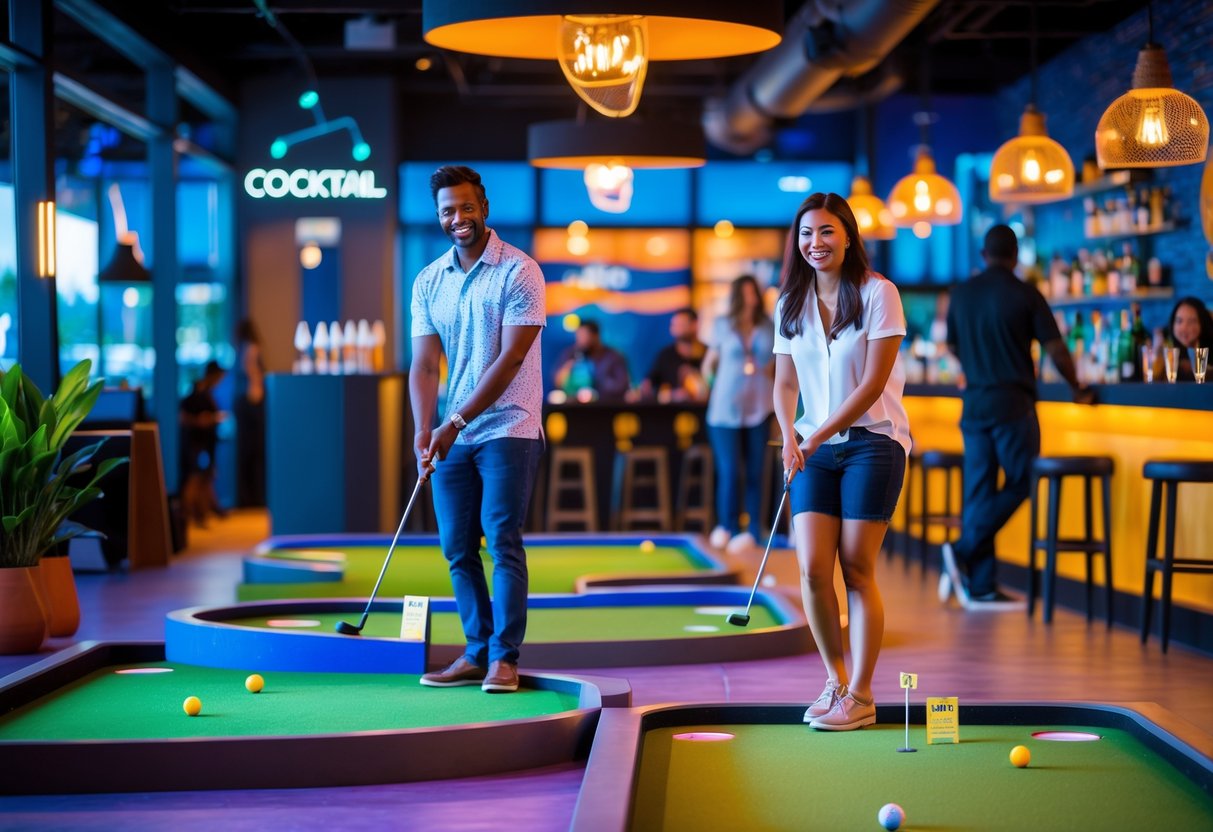 A couple playing mini golf indoors at a cocktail bar with colorful putting greens and a lively atmosphere.