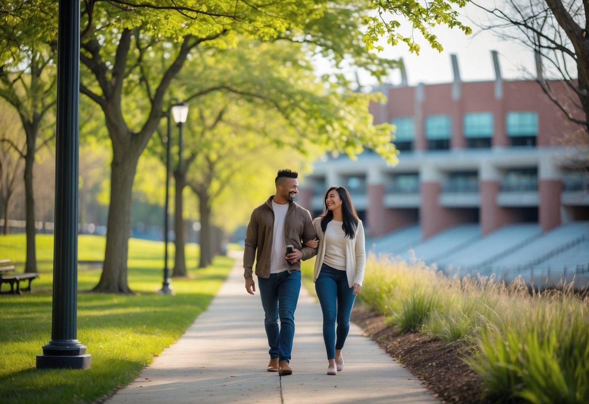 A couple walking on a tree-lined trail near Dix Stadium in Kent, Ohio, enjoying a peaceful outdoor stroll.