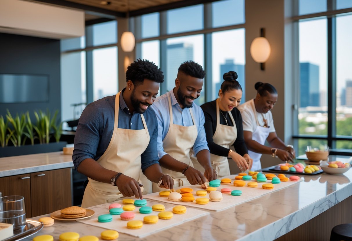 People making French macarons together in a modern kitchen studio with natural light and city views.