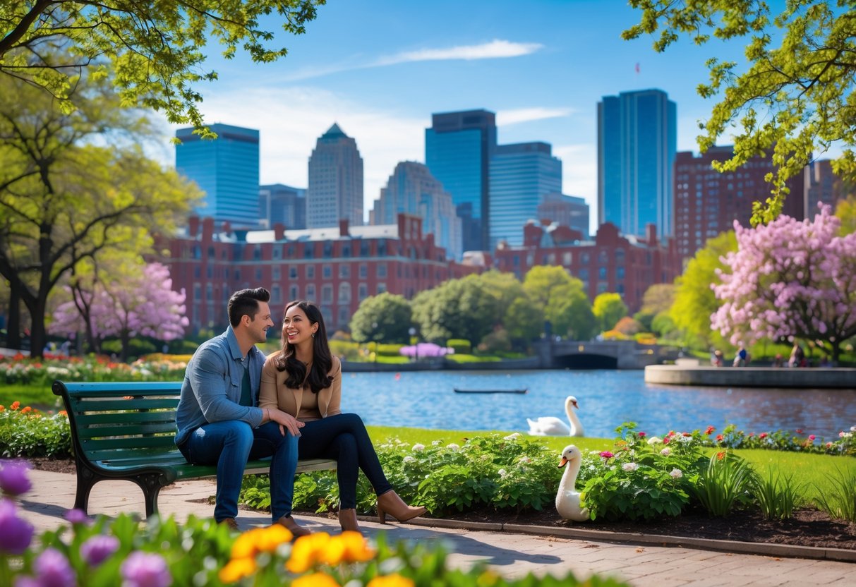 A young couple sitting on a bench in Boston Public Garden with flowers, a pond with a swan boat, and the Boston skyline in the background.