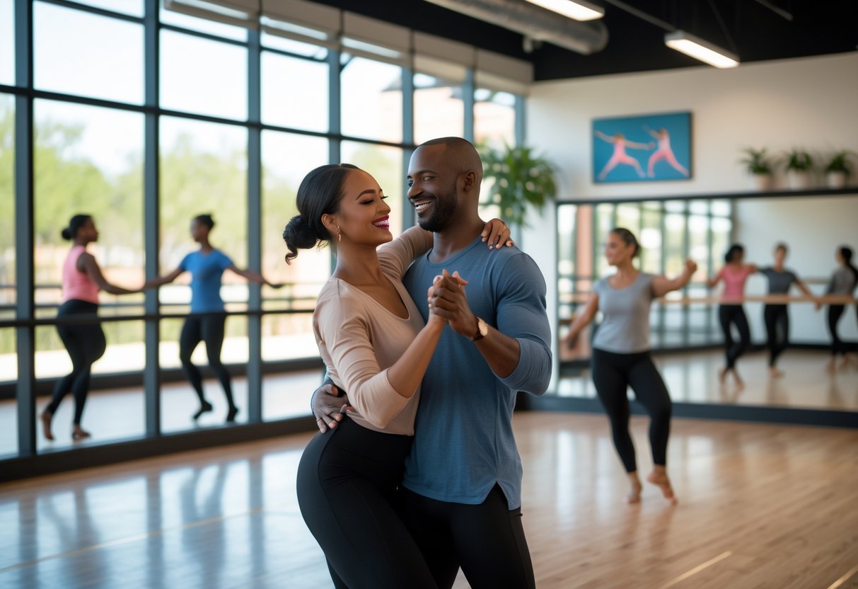 A couple dancing together in a bright dance studio with wooden floors and large windows.