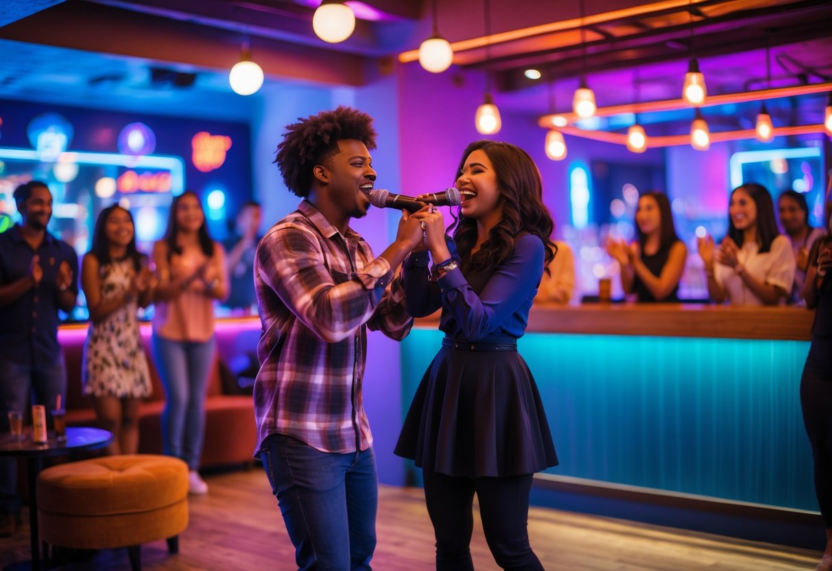 A young couple singing on stage at a karaoke lounge with friends watching and enjoying the performance.