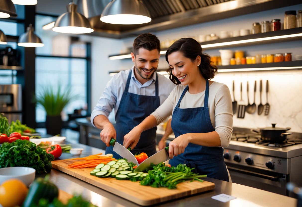 A couple chopping vegetables together in a modern cooking class kitchen.