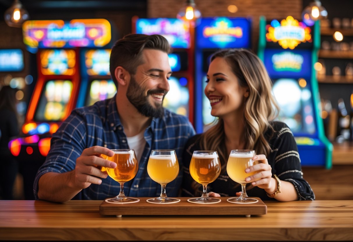 A couple smiling and tasting cider together at a bar with arcade games in the background.