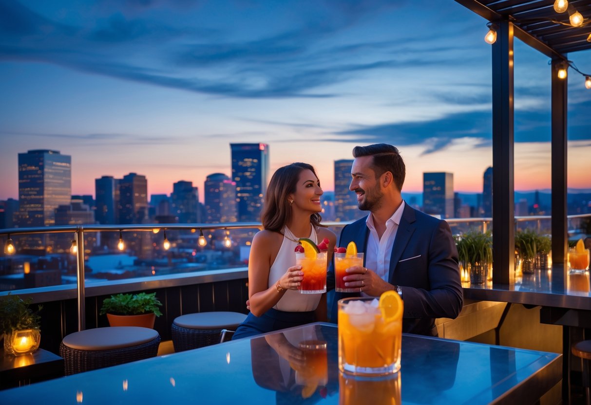 A couple enjoying cocktails together at a rooftop bar with a city skyline in the background at dusk.