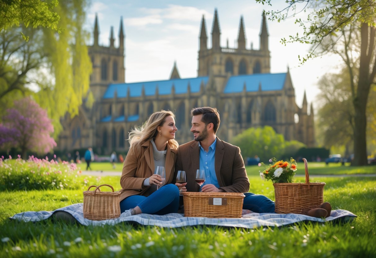 A young couple enjoying a picnic in a park with Lincoln Cathedral visible in the background on a sunny day.