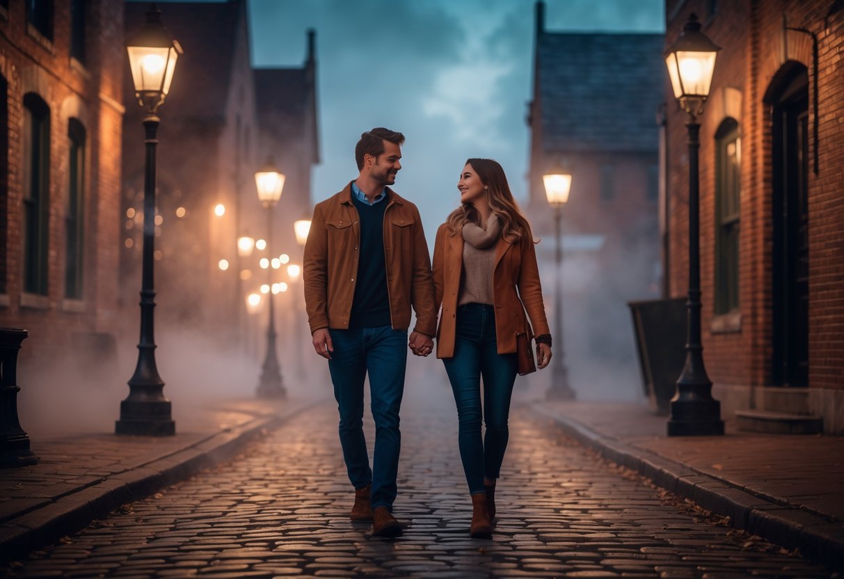 A young couple walking hand in hand along a historic cobblestone street in Lincoln at night, surrounded by old brick buildings and soft street lighting with light fog.