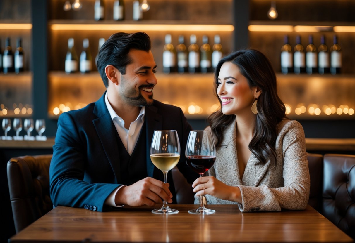 A couple enjoying wine tasting together at a cozy table inside a winery with shelves of wine bottles in the background.