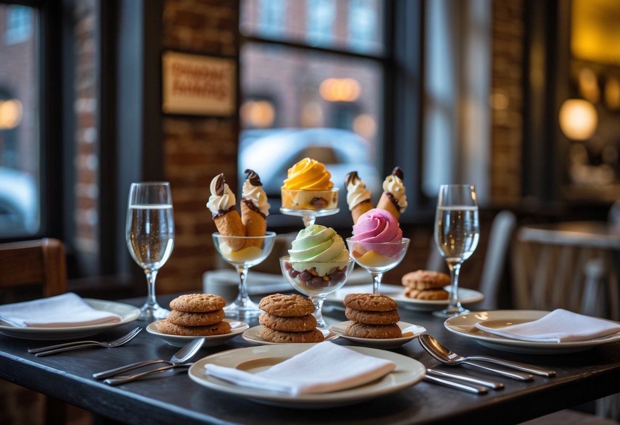 A table set for two with Italian pastries including cannoli and gelato inside a cozy pastry shop in Boston’s North End.