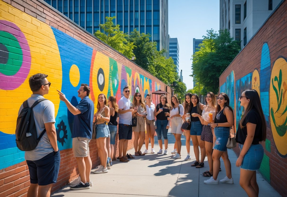Couples and friends enjoying colorful murals on a city street during an art tour in Lincoln.