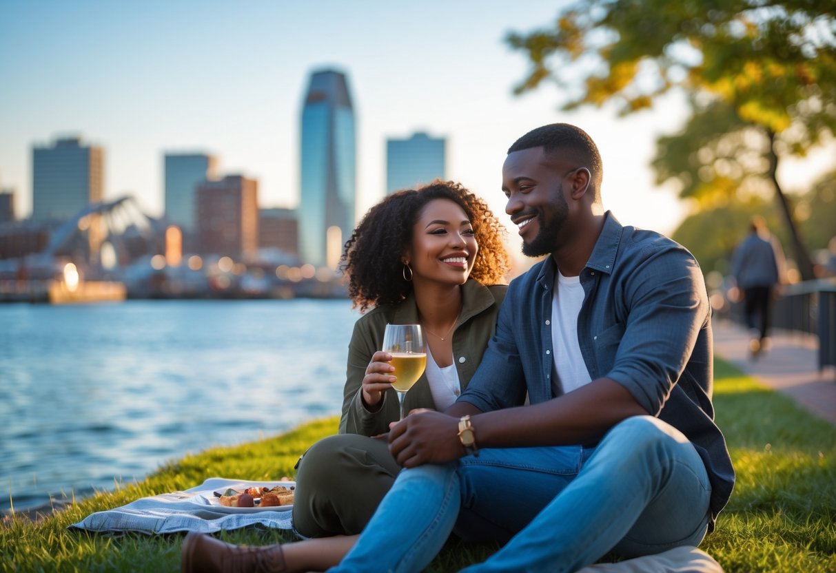 A couple enjoying a romantic date outdoors near Boston Harbor with the city skyline in the background.