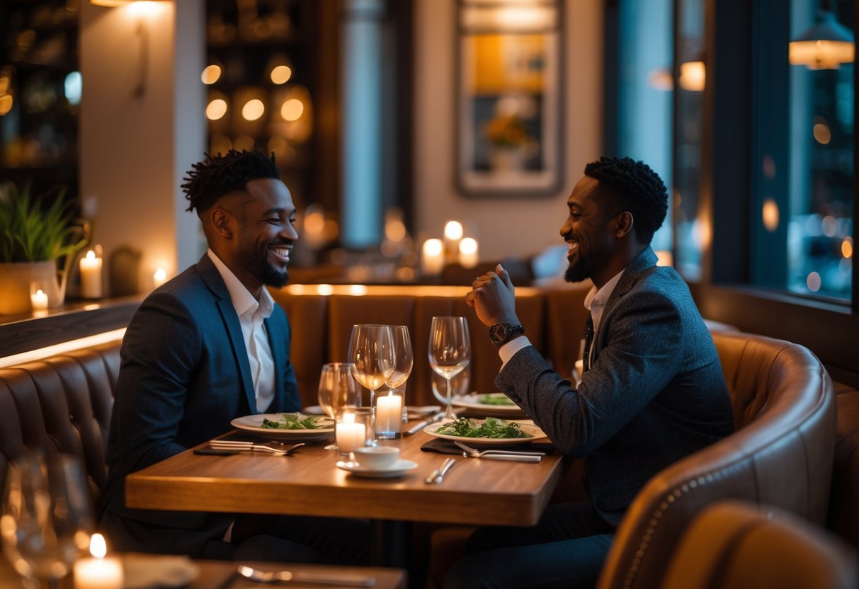 A couple enjoying a romantic dinner at a warmly lit restaurant and lounge with elegant decor.