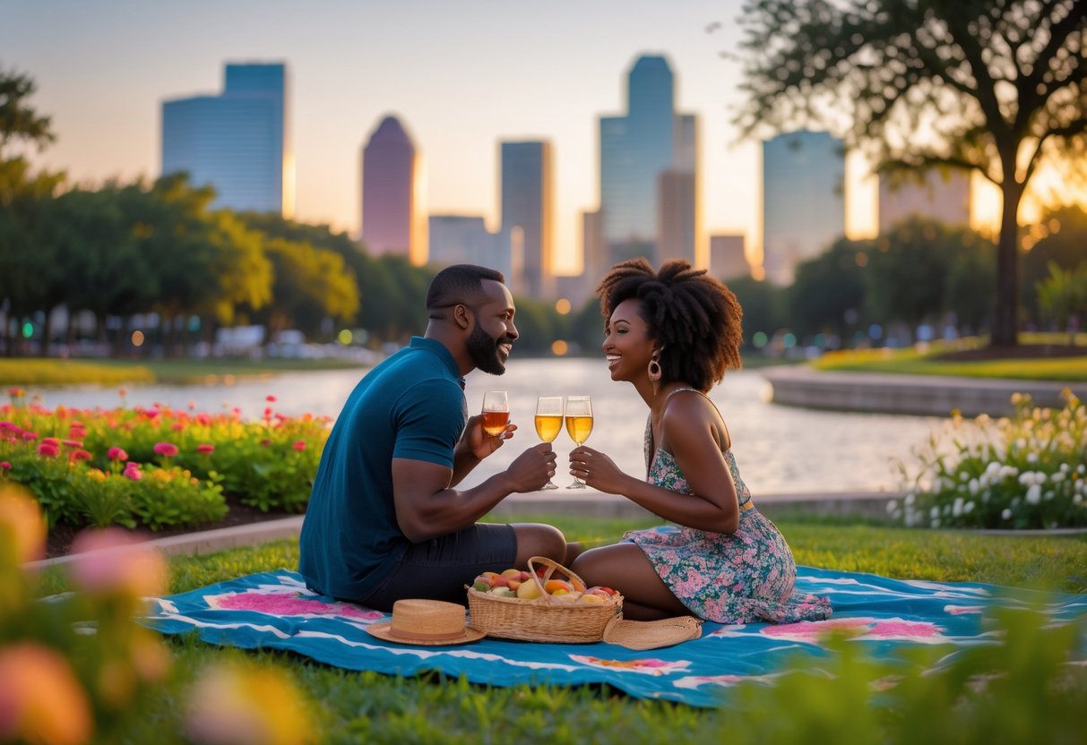 A couple enjoying a romantic outdoor date in a Houston park with the city skyline in the background.