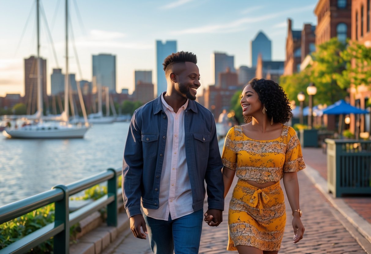 A couple walking hand-in-hand along the Boston Harborwalk with the city skyline and sailboats in the background.