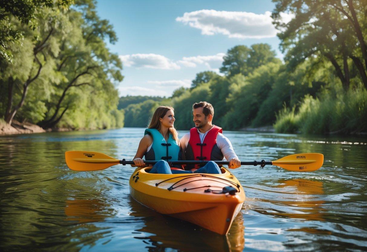 A couple kayaking together on a calm river surrounded by green trees and clear sky.