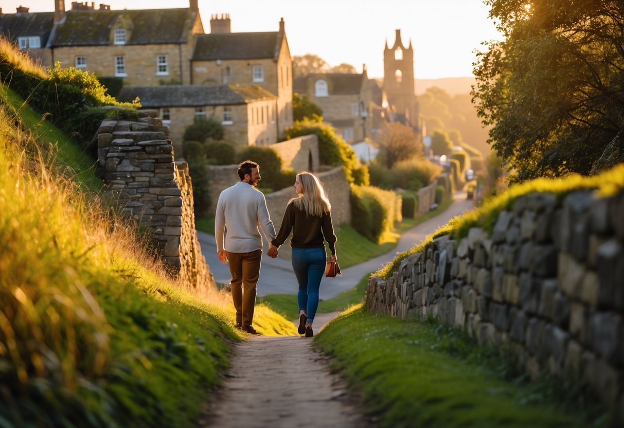 A couple walking hand in hand up a steep hill with greenery and historic buildings in the background.