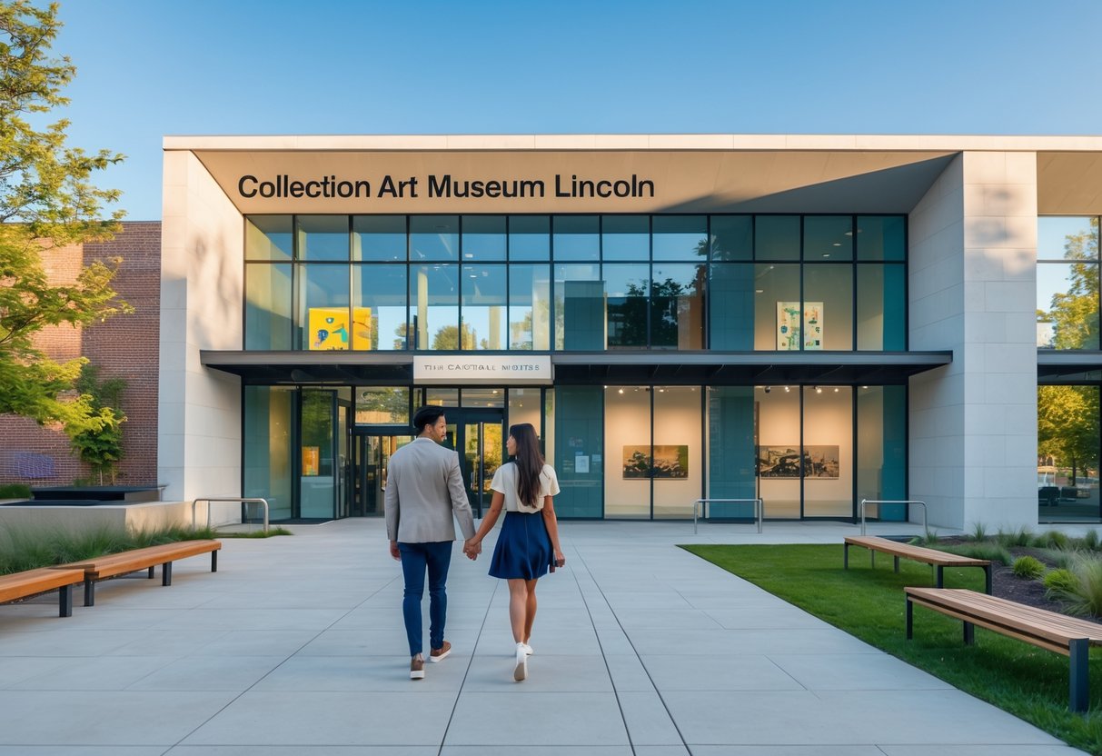 A young couple walking hand in hand outside a modern art museum on a sunny day.