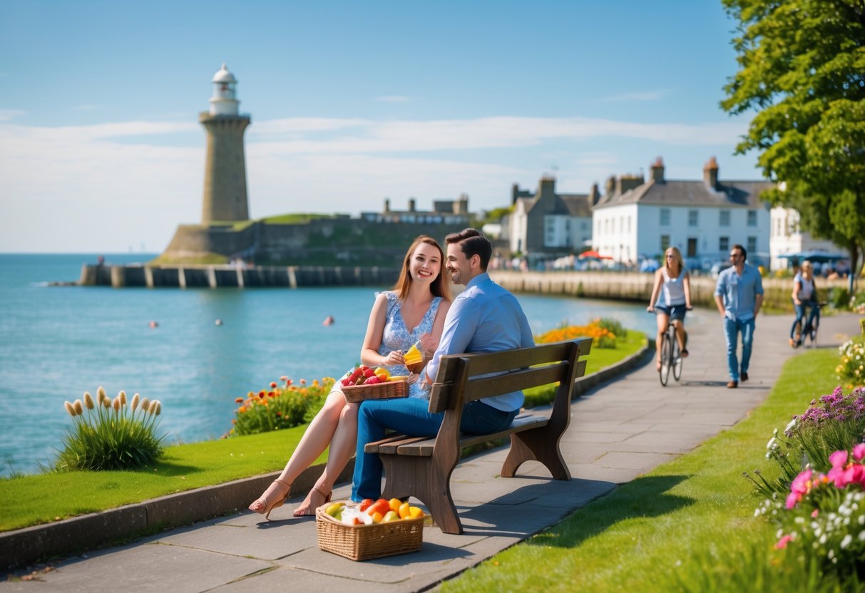 A young couple sitting on a bench by the sea at Plymouth Hoe, sharing a picnic with a lighthouse in the background.