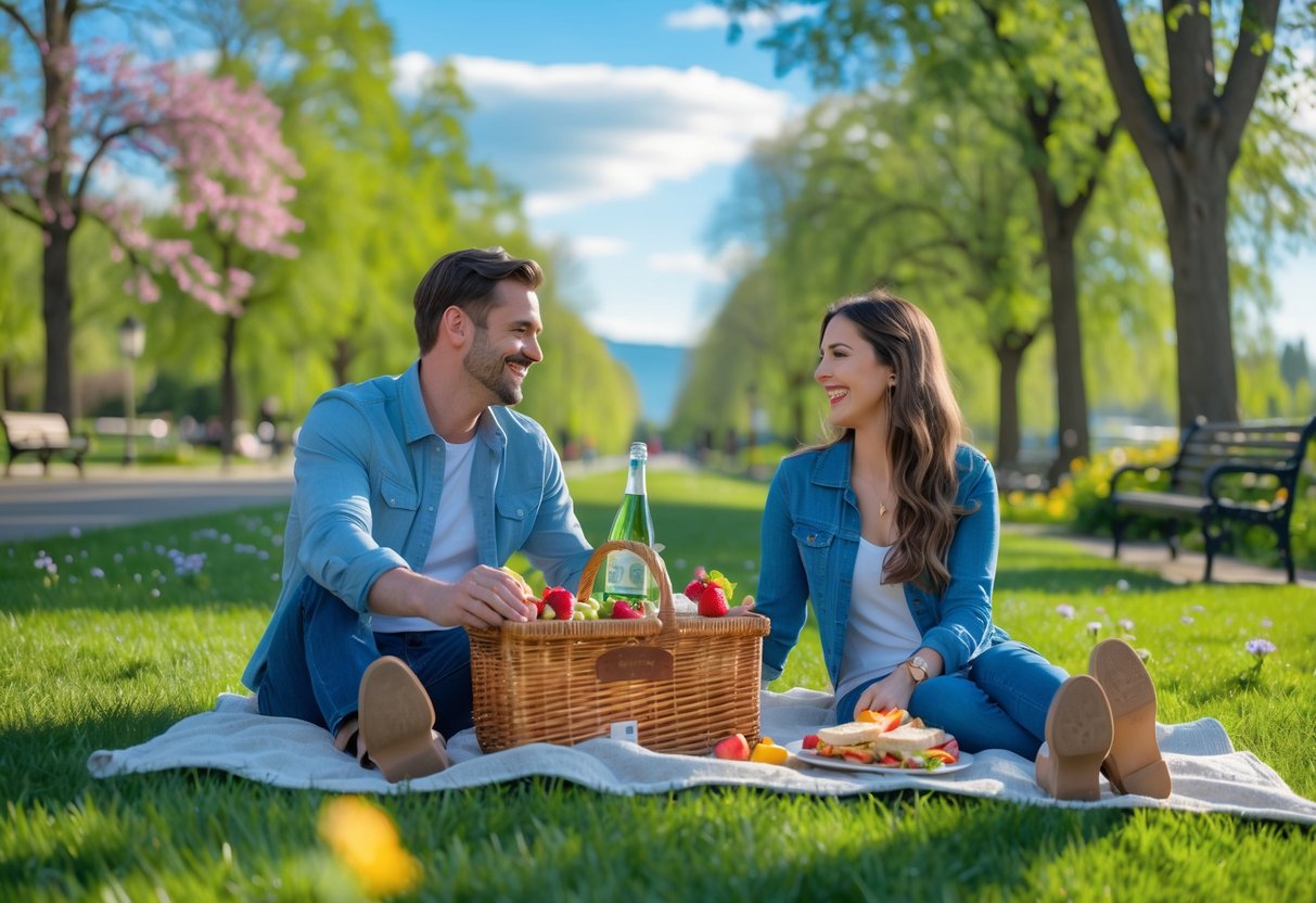 A couple enjoying a picnic on a blanket in a green park near a river with trees and flowers around them.