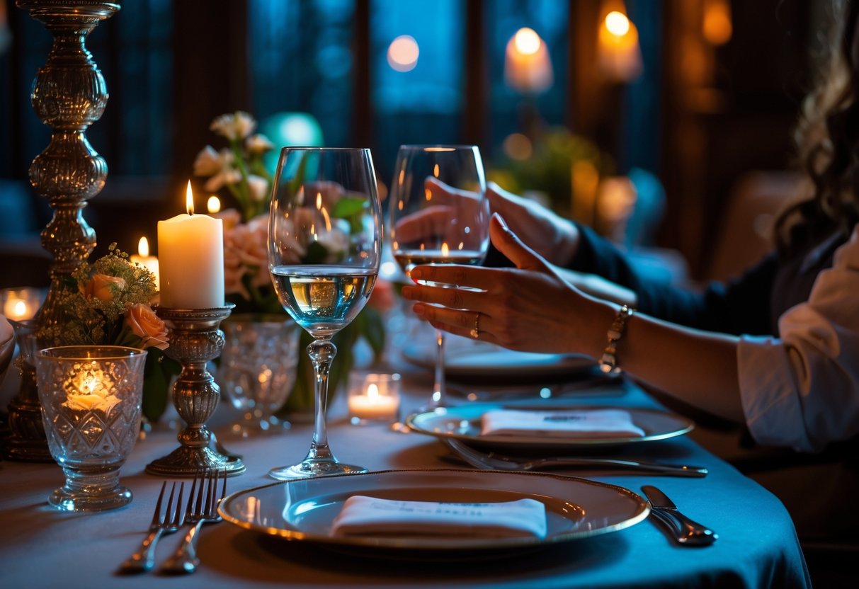 A romantic dinner table at The Chancel with candlelight, set for two in a cozy restaurant interior.
