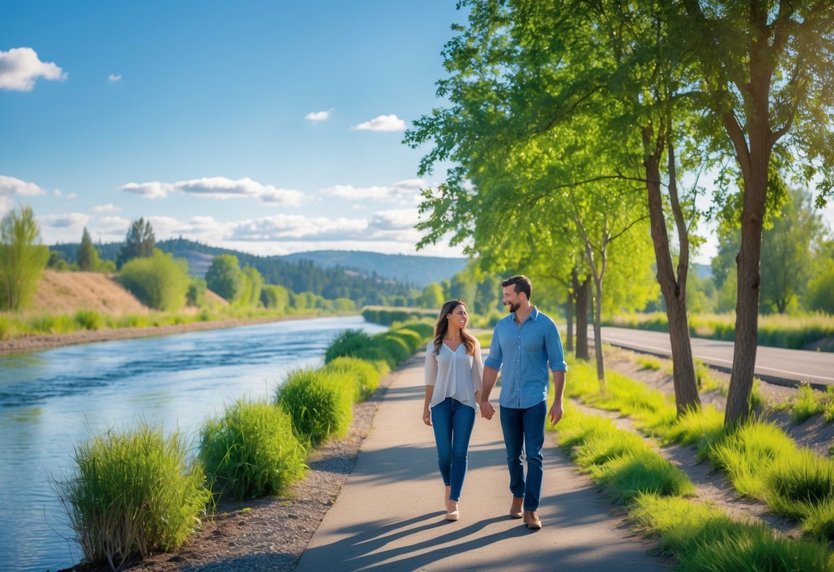 A couple walking hand in hand along a paved river trail surrounded by trees and greenery on a sunny day.