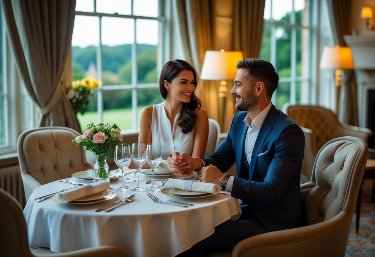 A couple enjoying a romantic dinner at a beautifully set table inside a luxurious hotel room with large windows showing greenery outside.