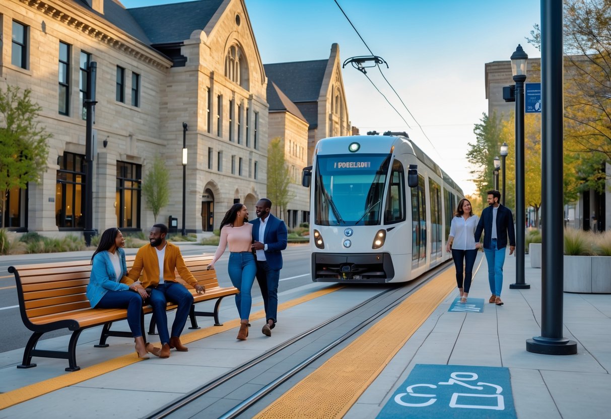 Couples walking and sitting near a tram in a city with historic buildings, accessible pathways, and bike lanes.