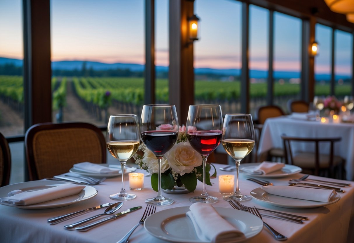 A romantic dinner table set for two with wine glasses and flowers inside a winery bistro overlooking vineyard rows at dusk.