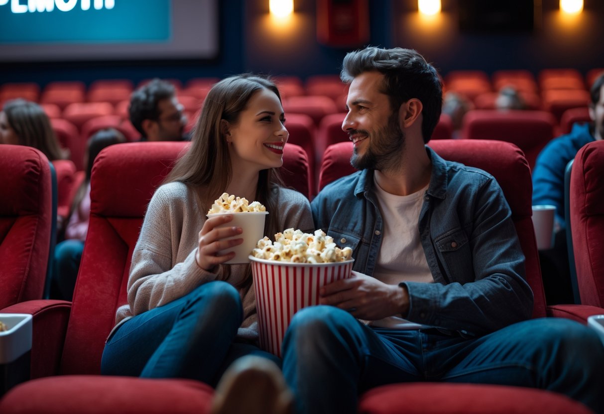 A young couple sitting together in a cinema auditorium sharing popcorn during a movie night.
