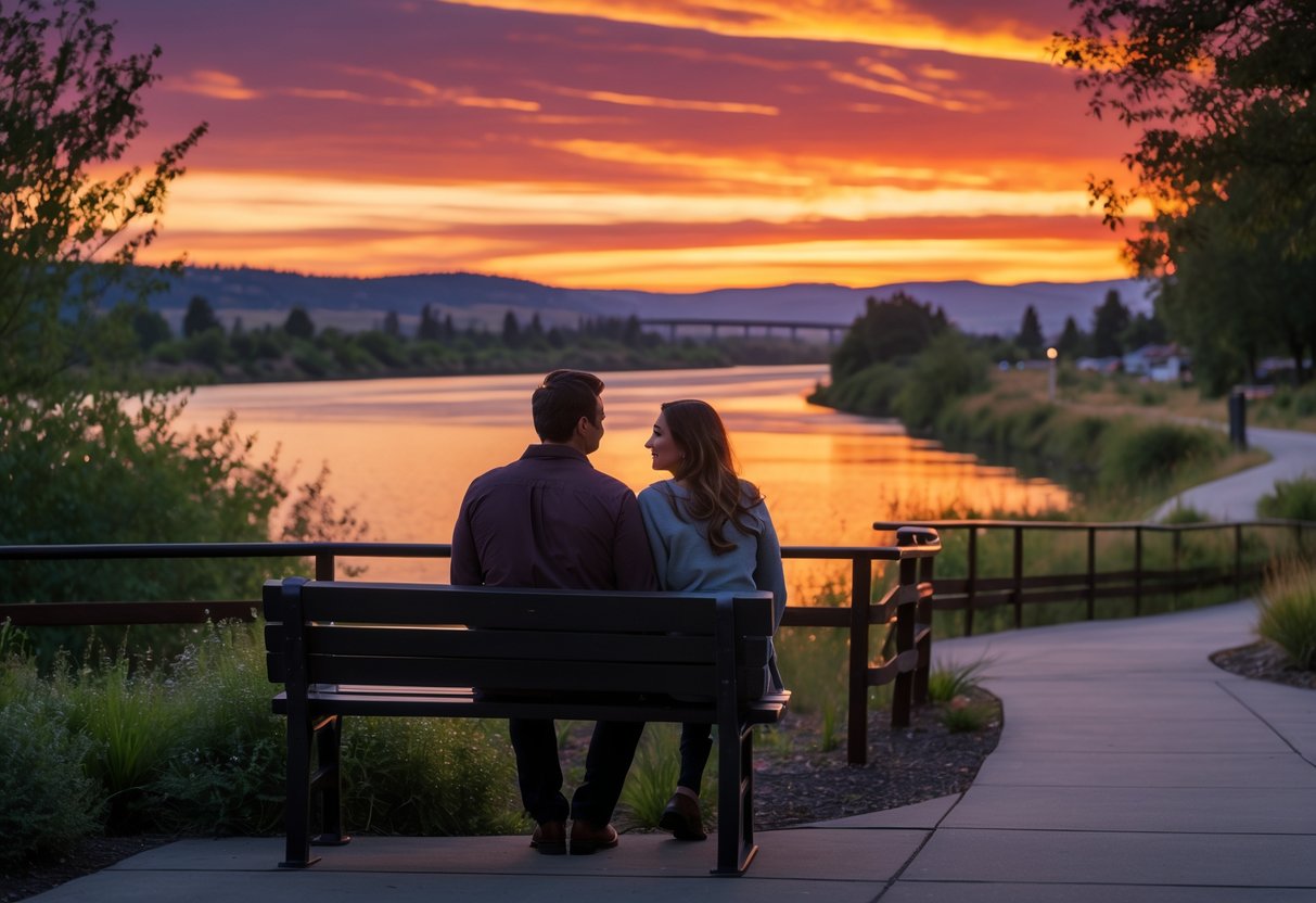 A couple enjoying a colorful sunset over a river at Sacagawea Heritage Trail surrounded by trees and walking paths.
