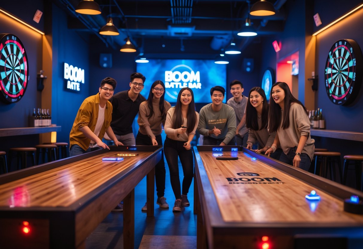 A group of young adults playing shuffleboard and augmented darts together in a lively bar setting.