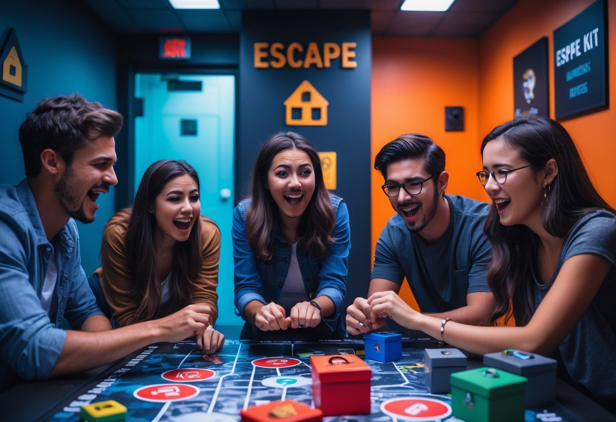 A group of young adults working together on puzzles in an escape room, showing teamwork and excitement.