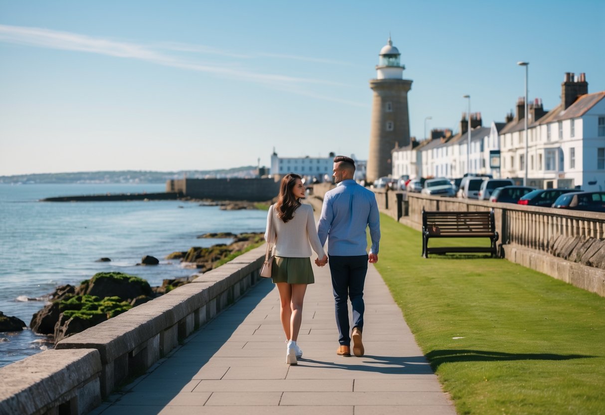 A couple walking hand in hand along a coastal promenade at Plymouth Hoe with the sea and lighthouse in the background.